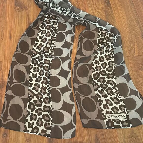 Coach 100% silk leopard logo scarf black gray - Picture 1 of 5